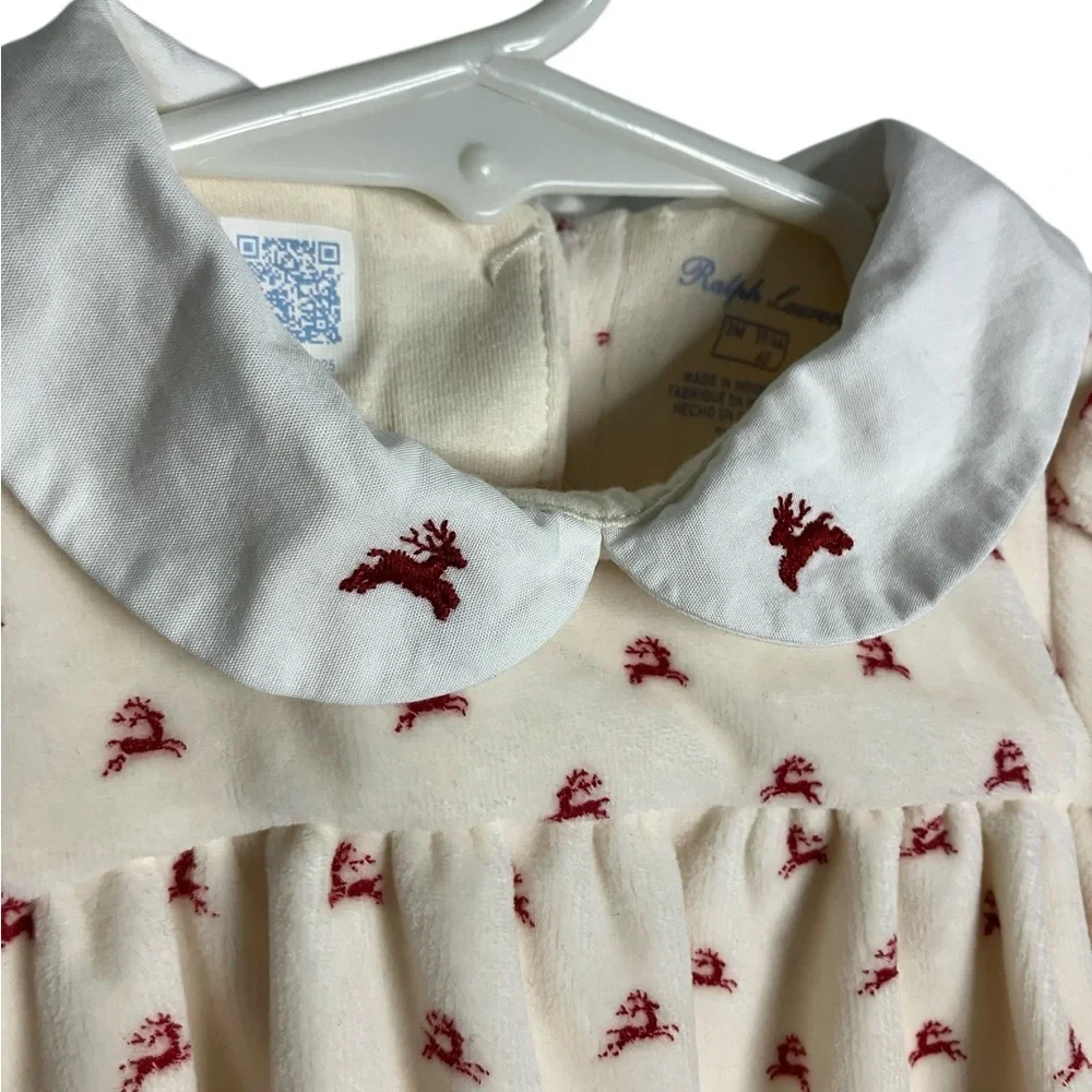 Ralph Lauren Baby Girl Velour Christmas Dress 3MO Reindeer Holiday Cream Red